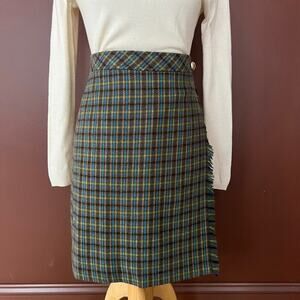 Talbots Plaid‎ Wool Skirt Olive Green Tartan Fringe Pencil High Waist Skirt 4